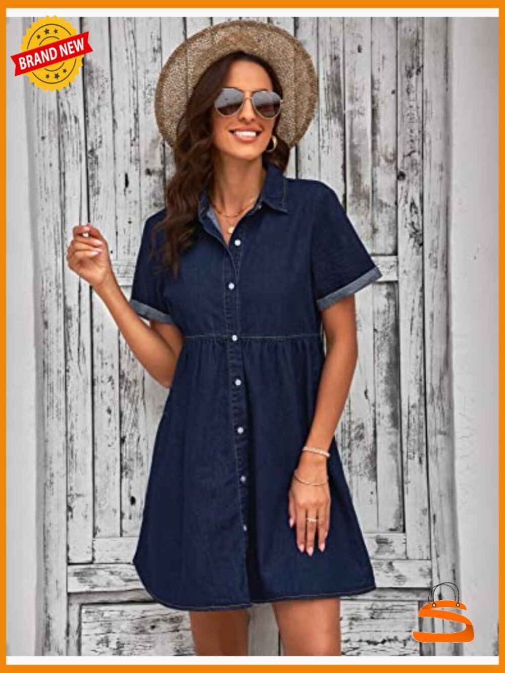 Babydoll Denim Dress Tiered Short Sleeve Button Down Casual Swing Dress - Picture 4 of 7